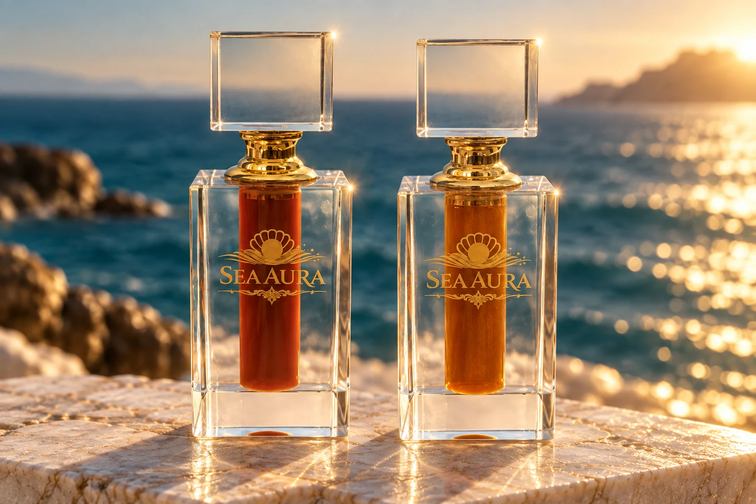 The two Sea Aura bottles on marble in front of the sea