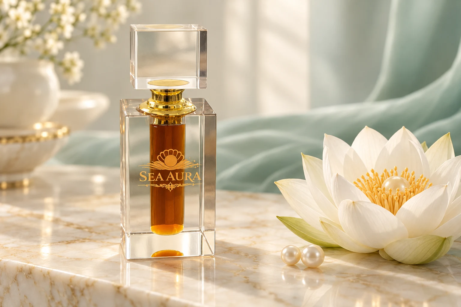 White Lotus Royale in its Sea Aura crystal bottle beside white lotus flowers