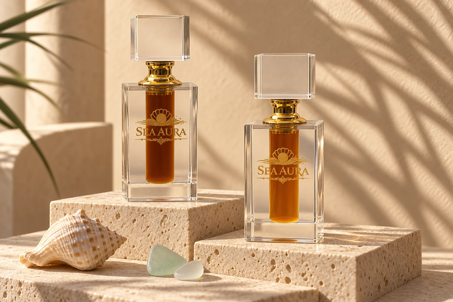 Both Sea Aura scents on sandy stone with a shell and sea glass