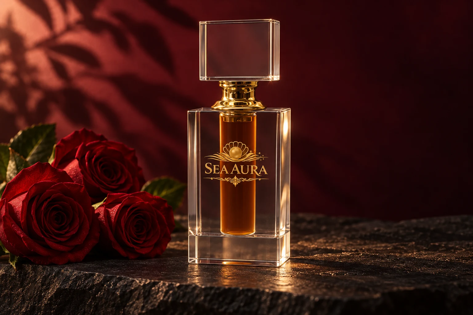 Velvet Rose Oud in its Sea Aura crystal bottle with deep red roses