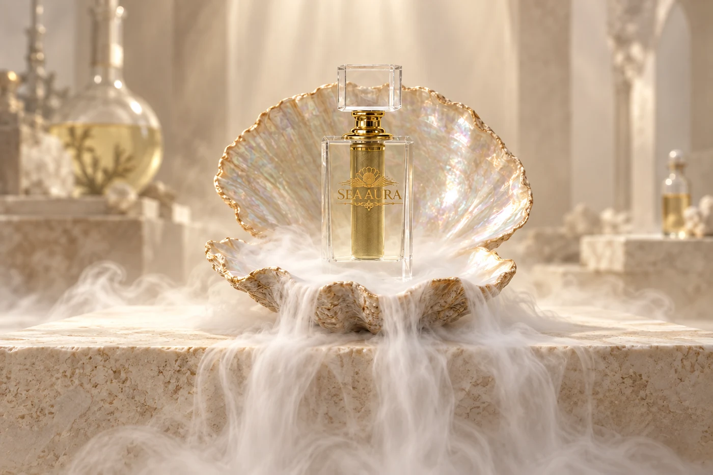 Sea Aura perfume nestled in an iridescent clam shell, with ivory vapor cascading over stone in a perfume atelier