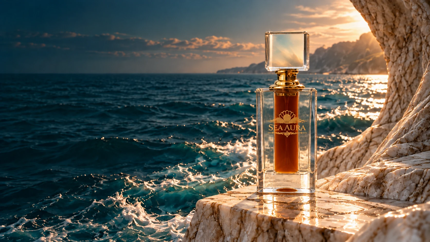 Sea Aura perfume in crystal, resting on sunlit marble above the deep blue sea